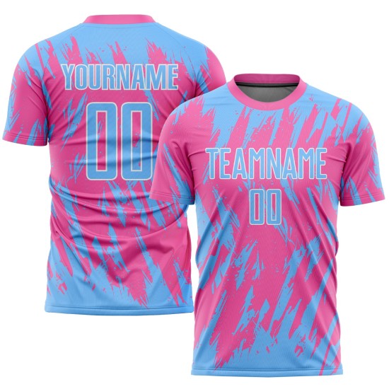 Light Custom Blue-White Soccer Jersey Uniform Pink Sublimation Light Custom Blue-White Soccer Jersey Uniform Pink Sublimation