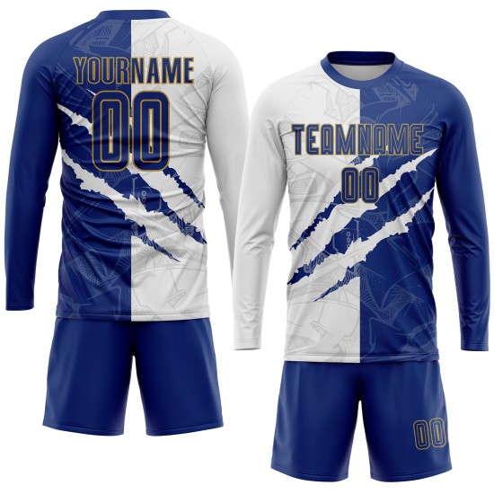 White-Old Scratch Jersey Royal Gold Soccer Graffiti Pattern Custom Uniform Sublimation White-Old Scratch Jersey Royal Gold Soccer Graffiti Pattern Custom Uniform Sublimation