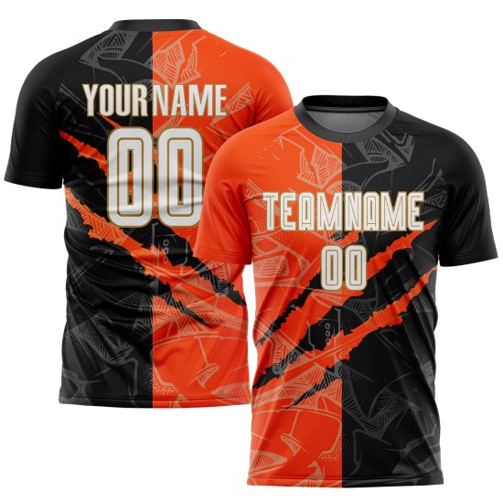 Orange-Old Black Pattern Sublimation Graffiti Uniform Custom Jersey White Scratch Soccer Gold